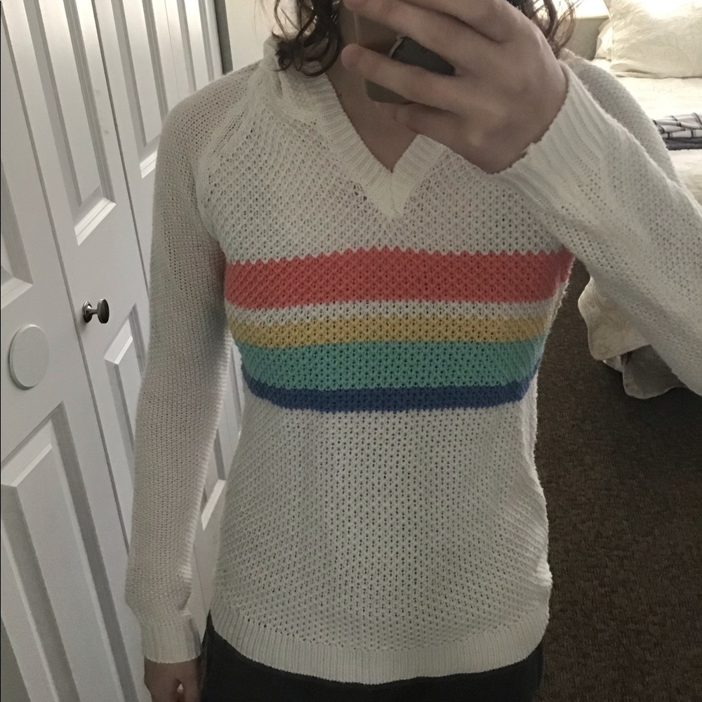 White hooded shirt with rainbow stripes